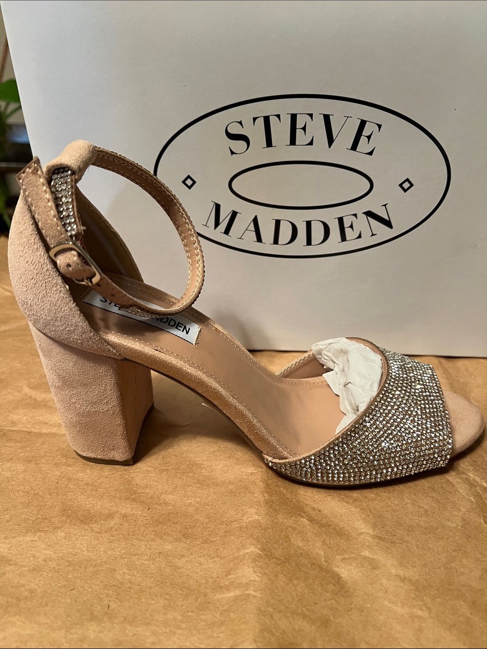 Steve Madden Pink Suede Block Heel Sandals with Rhinestone Strap